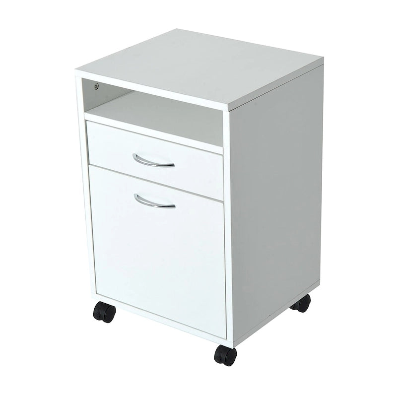 Chariot d'imprimante mobile à roulettes de 24 po avec tiroir, armoire et roulettes, blanc