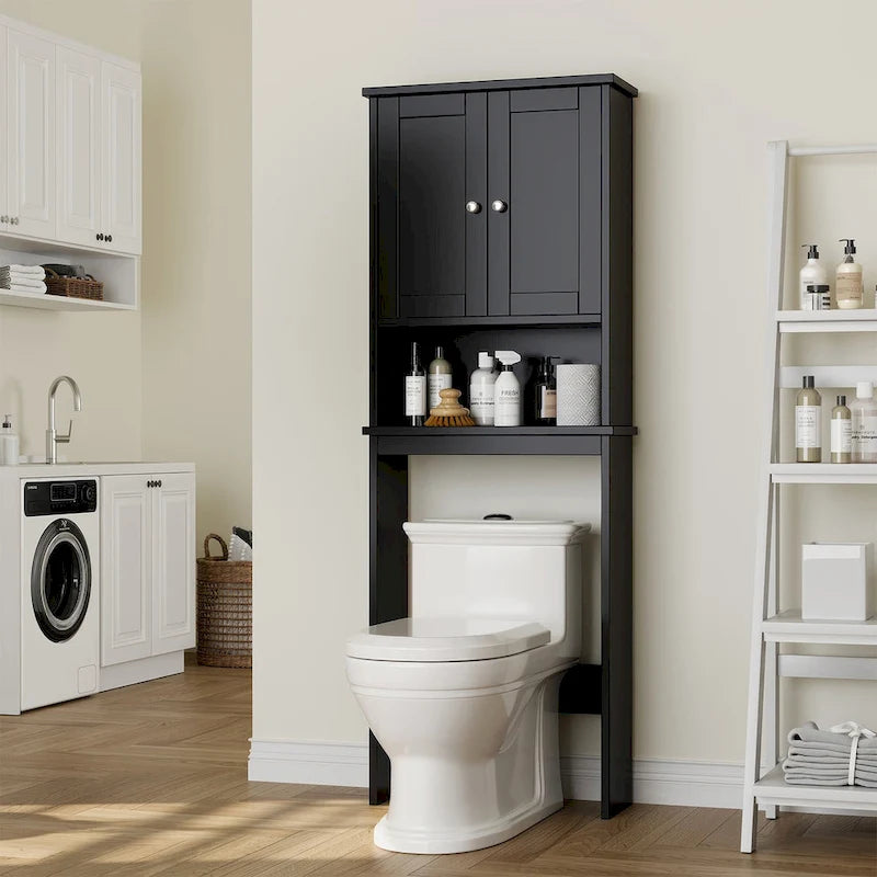 Meuble de rangement pour toilettes avec portes et étagère ouverte