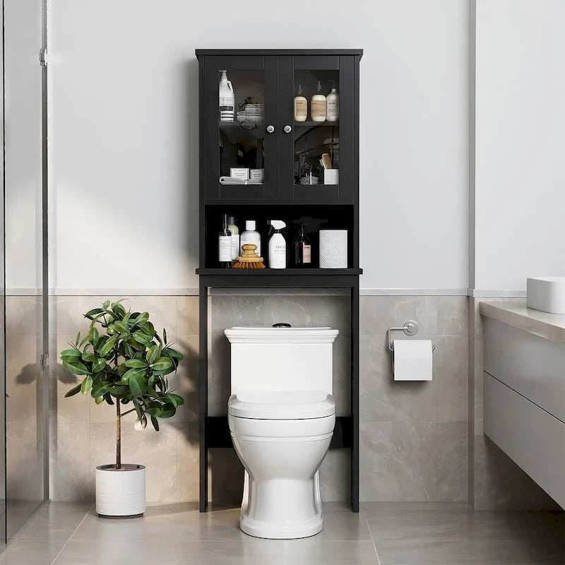 Meuble de rangement pour toilettes avec portes et étagère ouverte
