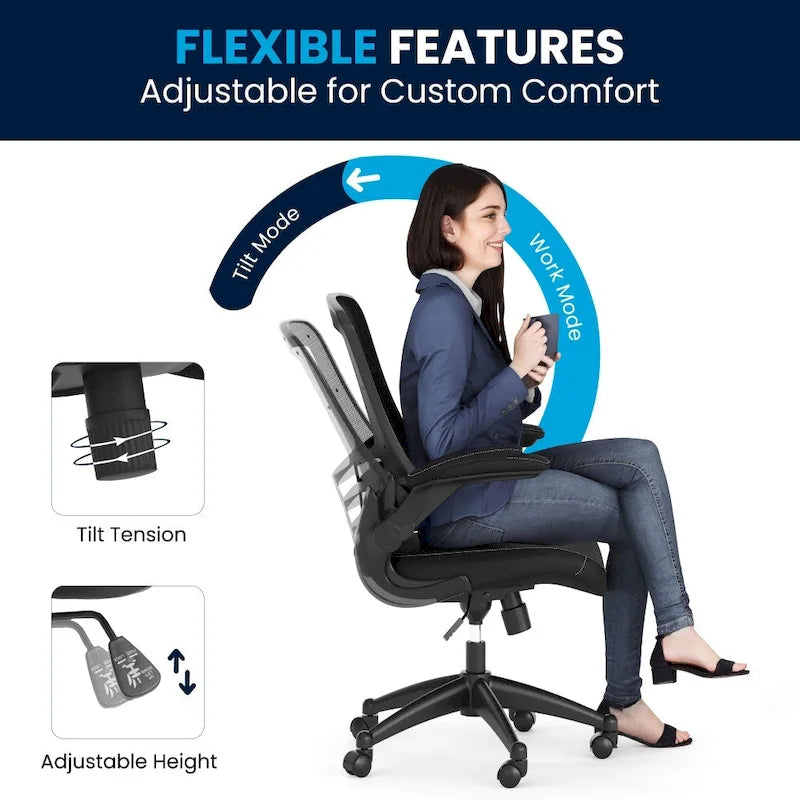 Chaise de bureau ergonomique pivotante en maille à dossier mi-haut avec accoudoirs relevables