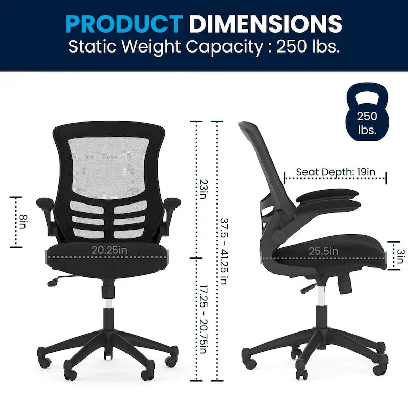 Chaise de bureau ergonomique pivotante en maille à dossier mi-haut avec accoudoirs relevables