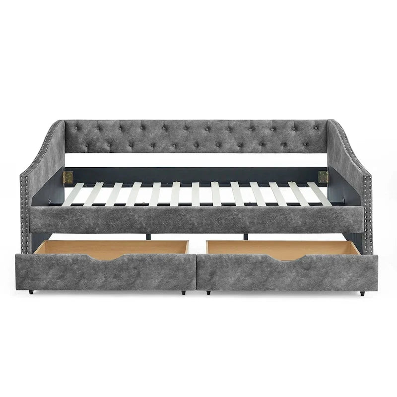 Lit de repos capitonné avec tiroirs de rangement et dossier boutonné