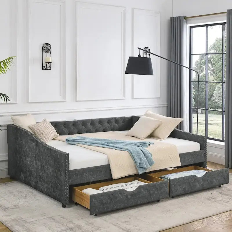 Lit de repos capitonné avec tiroirs de rangement et dossier boutonné