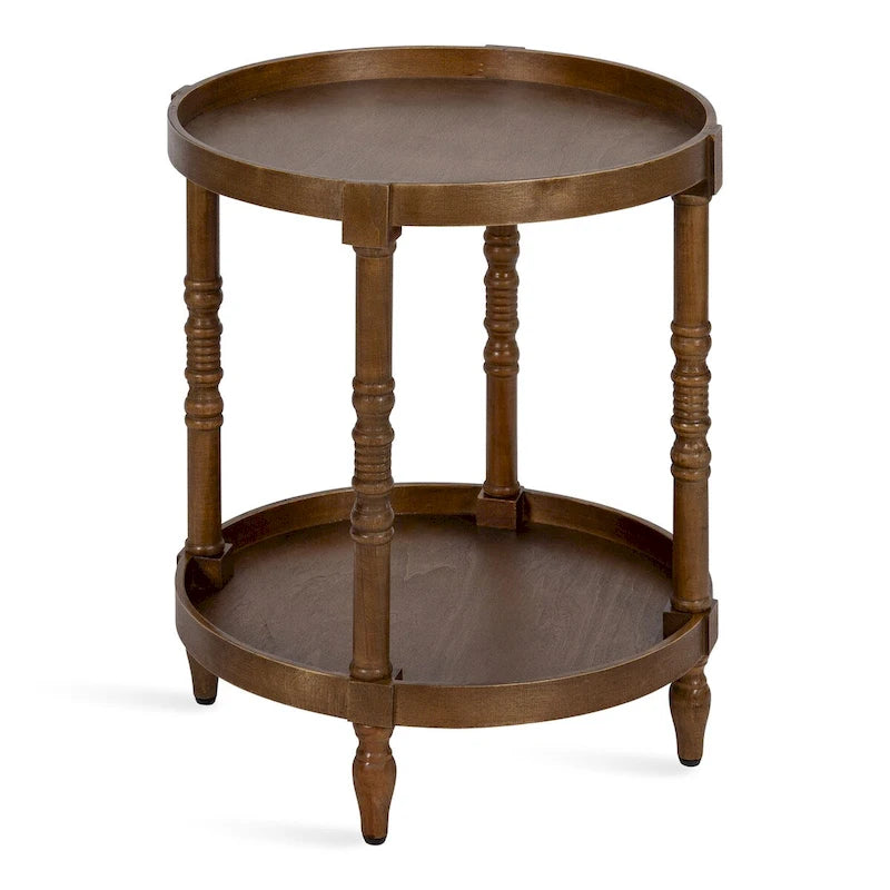 Table d'appoint ronde en bois avec pieds tournés et étagère inférieure