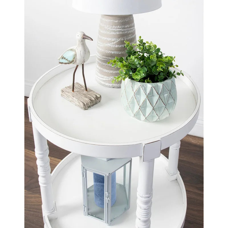 Table d'appoint ronde en bois avec pieds tournés et étagère inférieure