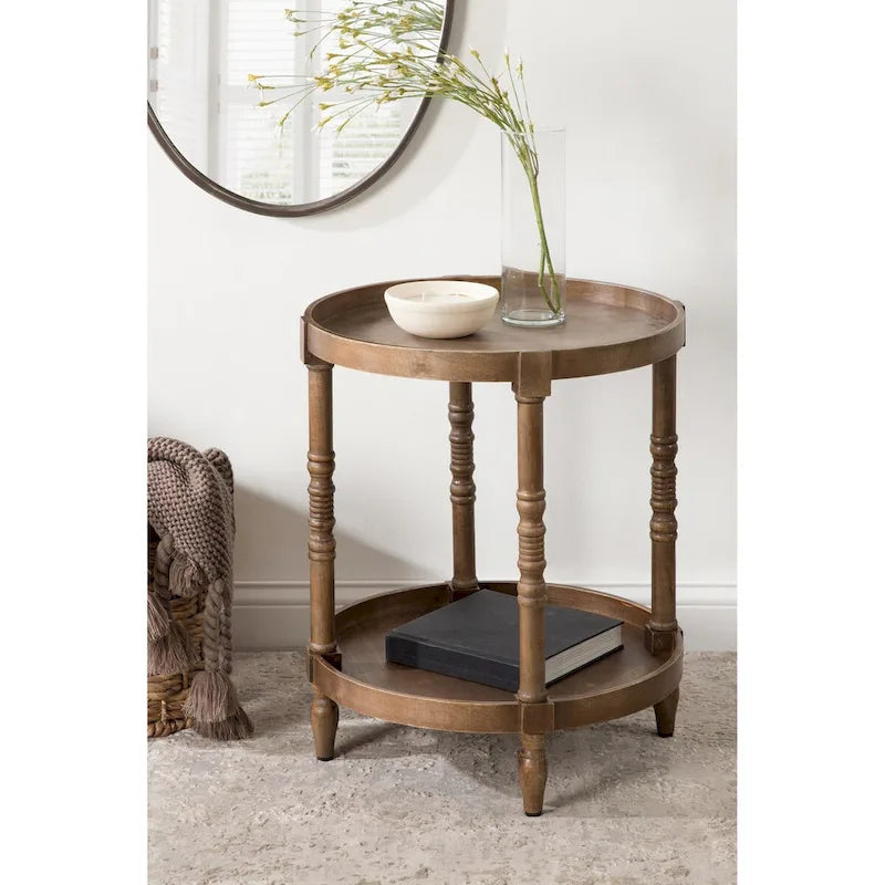 Table d'appoint ronde en bois avec pieds tournés et étagère inférieure