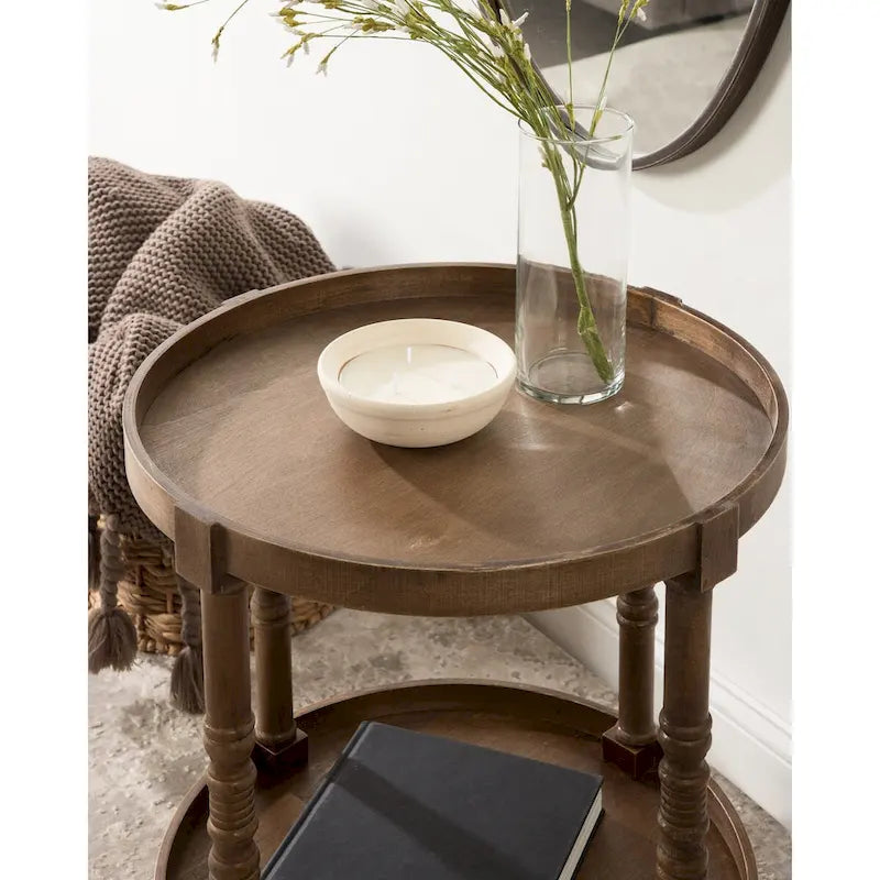 Table d'appoint ronde en bois avec pieds tournés et étagère inférieure