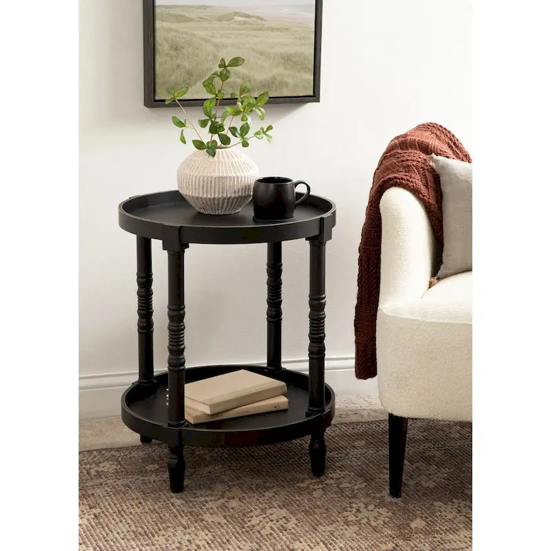 Table d'appoint ronde en bois avec pieds tournés et étagère inférieure