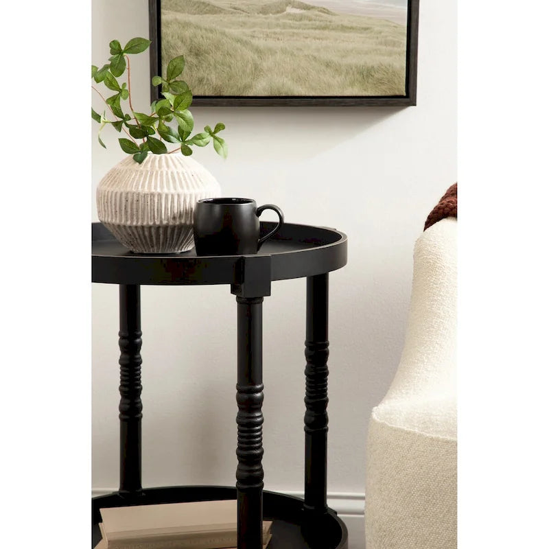Table d'appoint ronde en bois avec pieds tournés et étagère inférieure