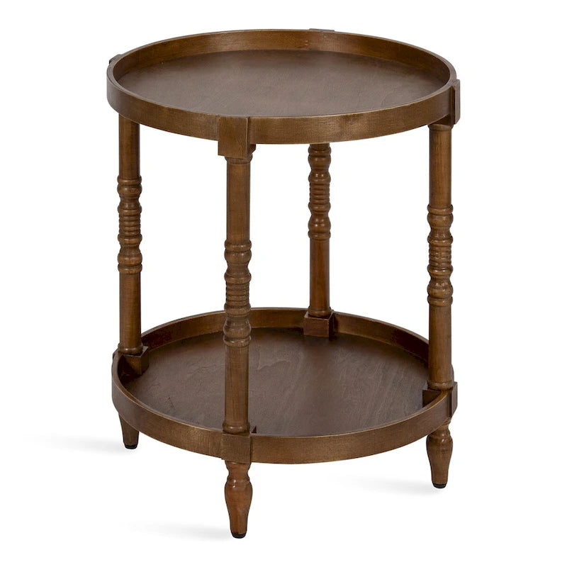Table d'appoint ronde en bois avec pieds tournés et étagère inférieure