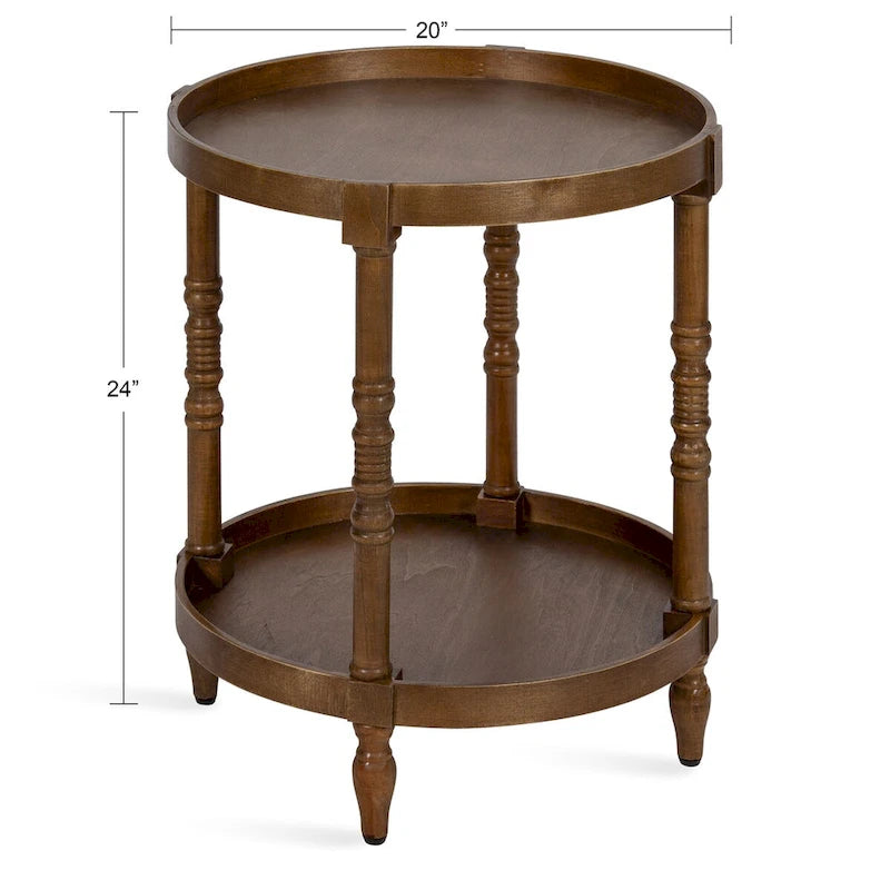 Table d'appoint ronde en bois avec pieds tournés et étagère inférieure