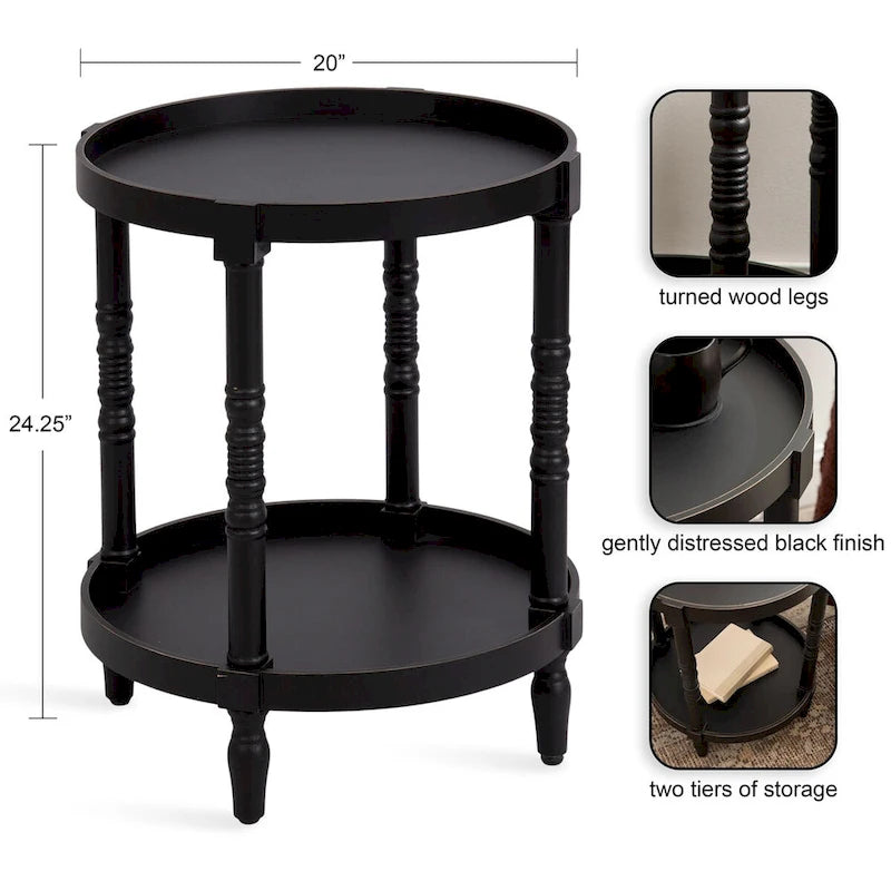 Table d'appoint ronde en bois avec pieds tournés et étagère inférieure