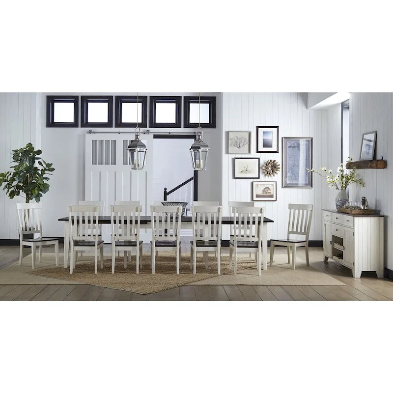 Table de salle à manger en bois massif avec chaises et dressoir extensible bicolore