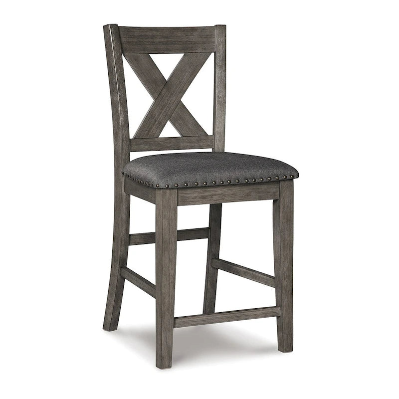 Table à manger hauteur comptoir grise avec étagères latérales finition antiquaire