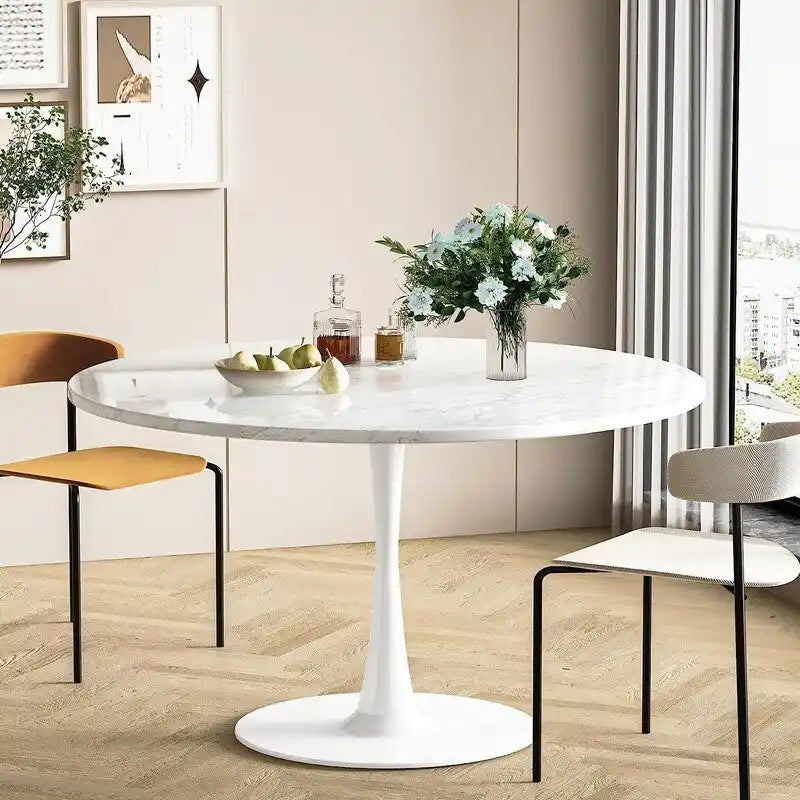 Table à manger ronde style Mid-Century Modern avec plateau en MDF et pied central en acier