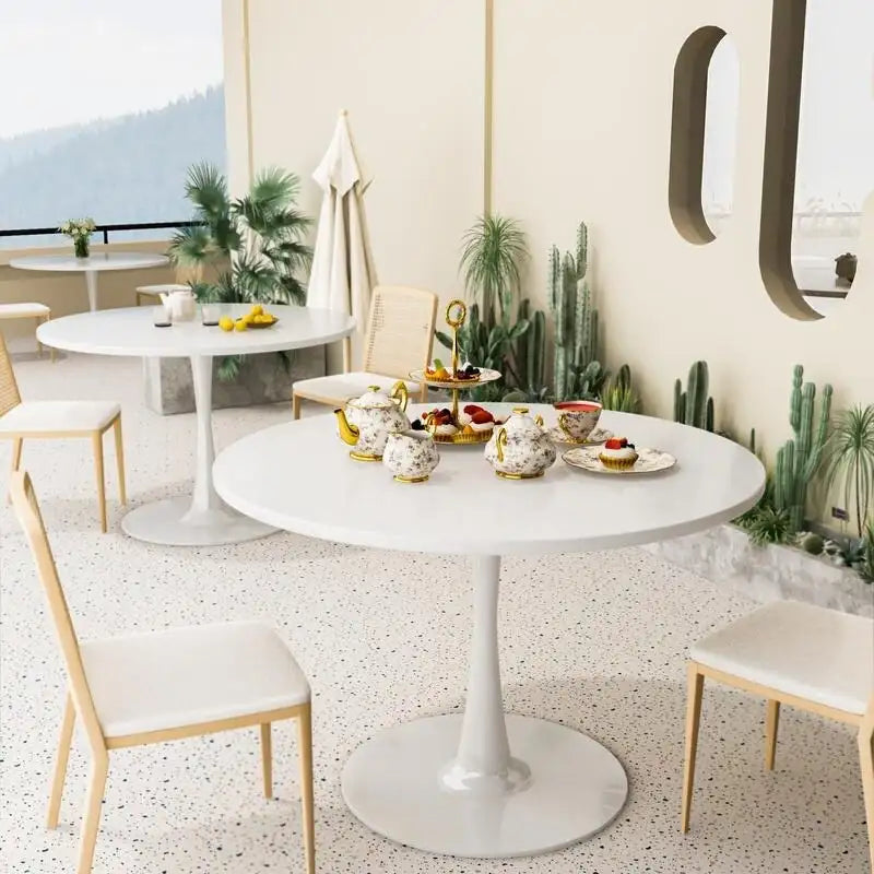 Table à manger ronde style Mid-Century Modern avec plateau en MDF et pied central en acier