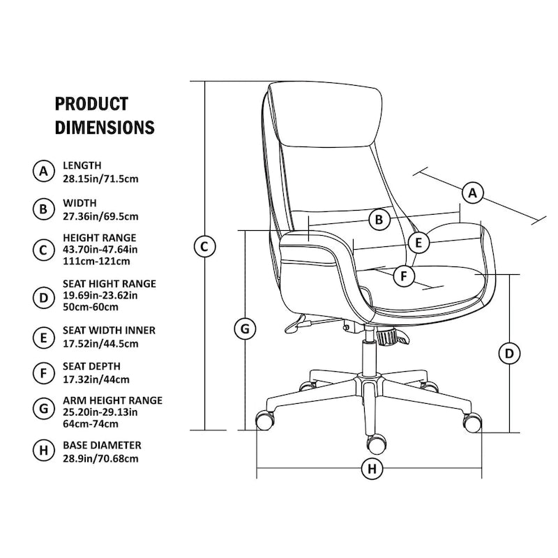 Fauteuil de bureau de direction moderne en similicuir à dossier haut et réglable avec pivotement