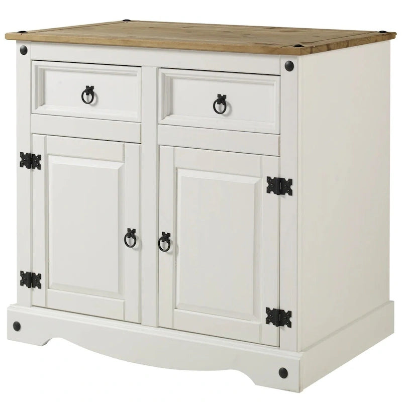 Buffet bahut en bois blanc vieilli, finition antique, avec tiroirs de rangement