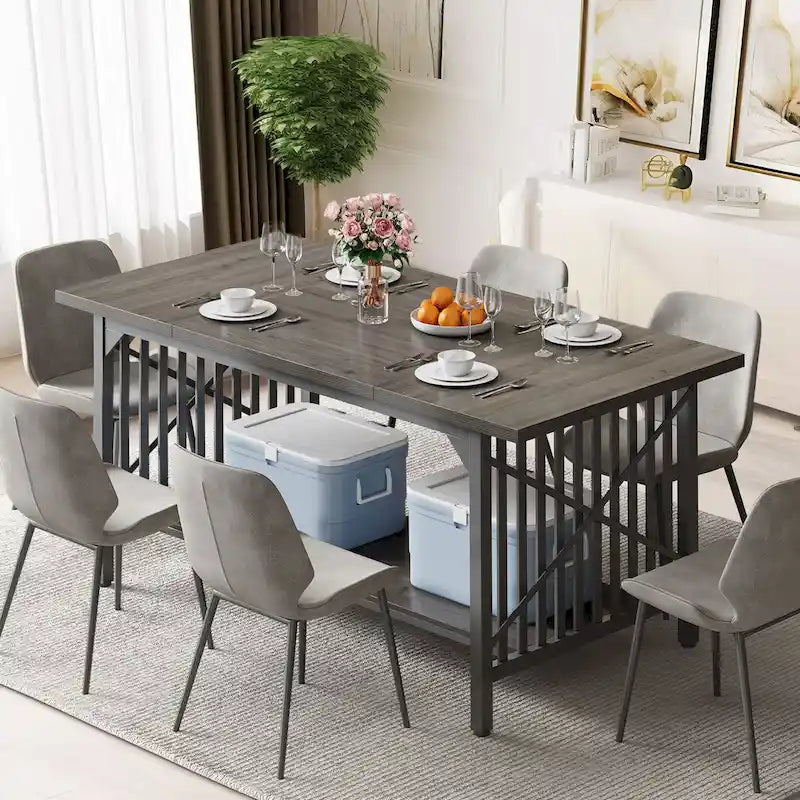Grande table de salle à manger de cuisine de 70 pouces pour 6 à 8 personnes de style ferme industriel avec étagère de rangement