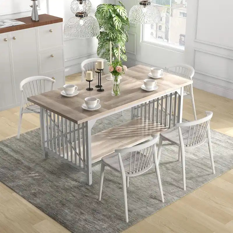 Grande table de salle à manger de cuisine de 70 pouces pour 6 à 8 personnes de style ferme industriel avec étagère de rangement