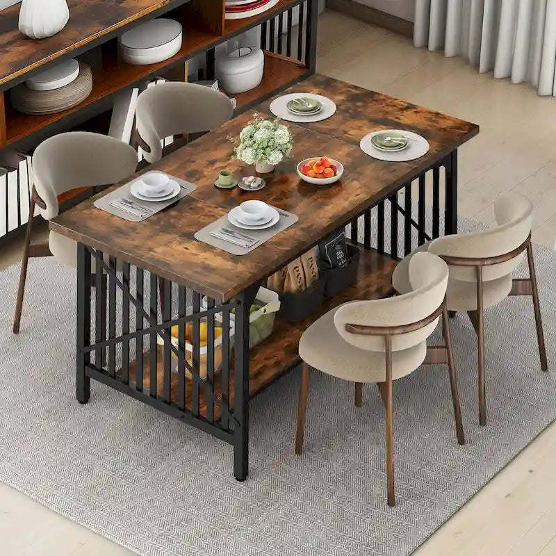 Grande table de salle à manger de cuisine de 70 pouces pour 6 à 8 personnes de style ferme industriel avec étagère de rangement