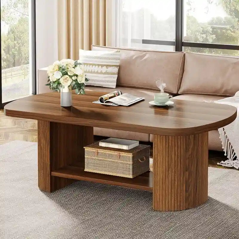Table basse ovale en bois avec étagère de rangement et pieds cannelés