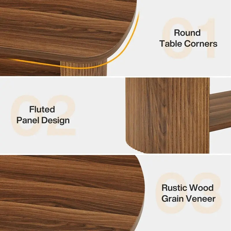 Table basse ovale en bois avec étagère de rangement et pieds cannelés