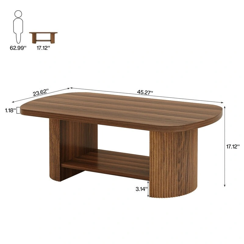 Table basse ovale en bois avec étagère de rangement et pieds cannelés