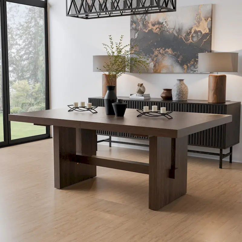 Table à manger extensible en bois massif moderne avec piètement tréteau Noyer